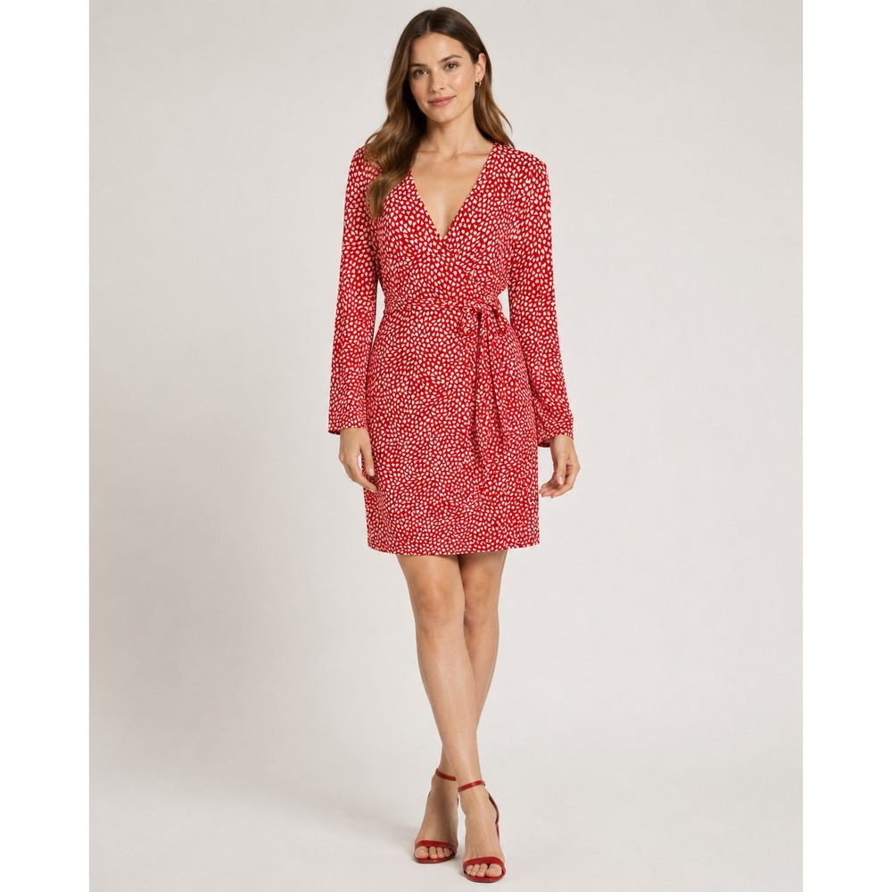 Ann Taylor Wrap Dress Womens 6 Red White Polyester Valentine's Heart Print‎ NEW